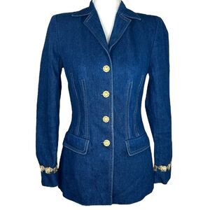 Escada Margaretha Ley 34 Denim Blazer Jacket Gold‎ Elephant Trim Buttons US 4